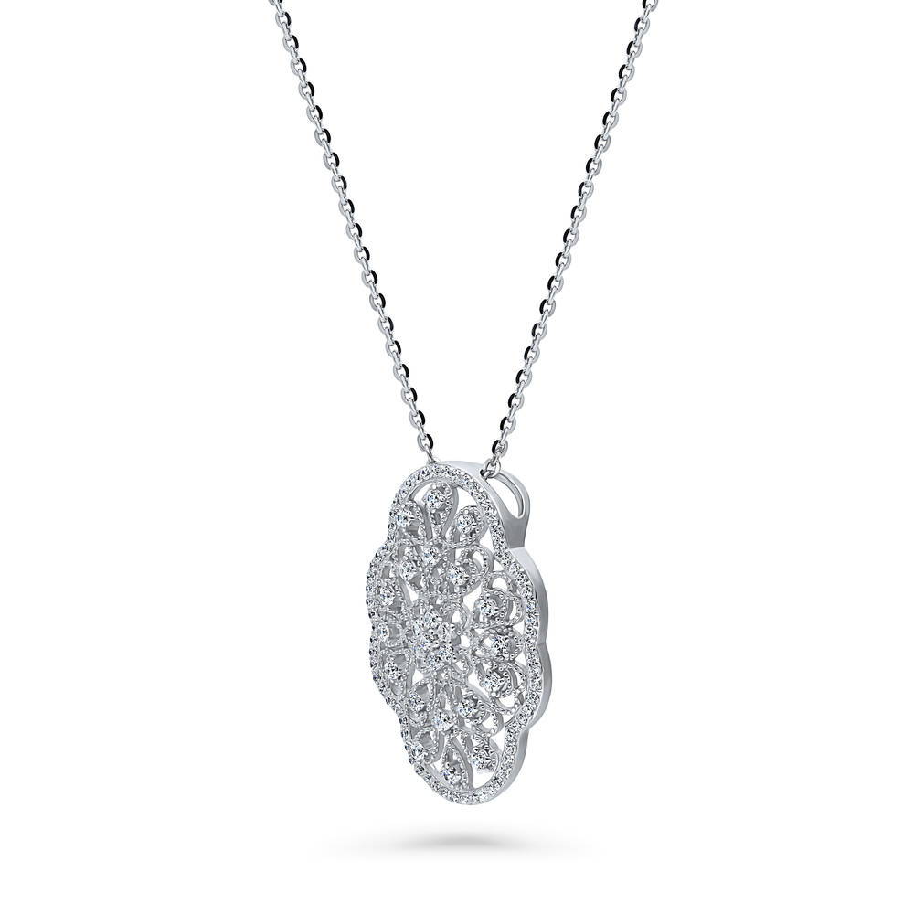 Front view of Flower Art Deco CZ Pendant Necklace in Sterling Silver, 4 of 10