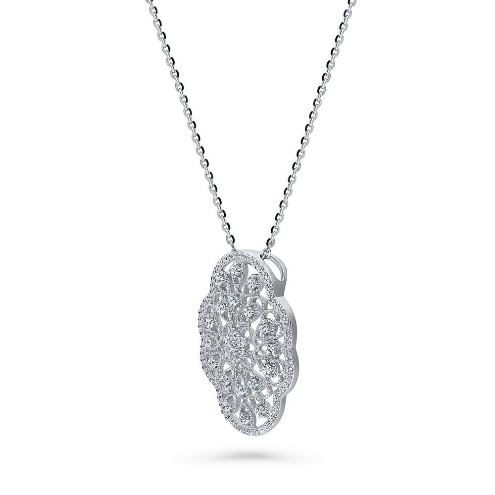 Front view of Flower Art Deco Filigree CZ Necklace in Sterling Silver, 4 of 10