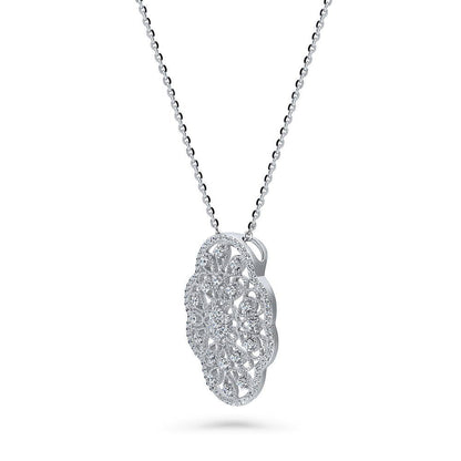 Flower Art Deco Filigree CZ Necklace in Sterling Silver