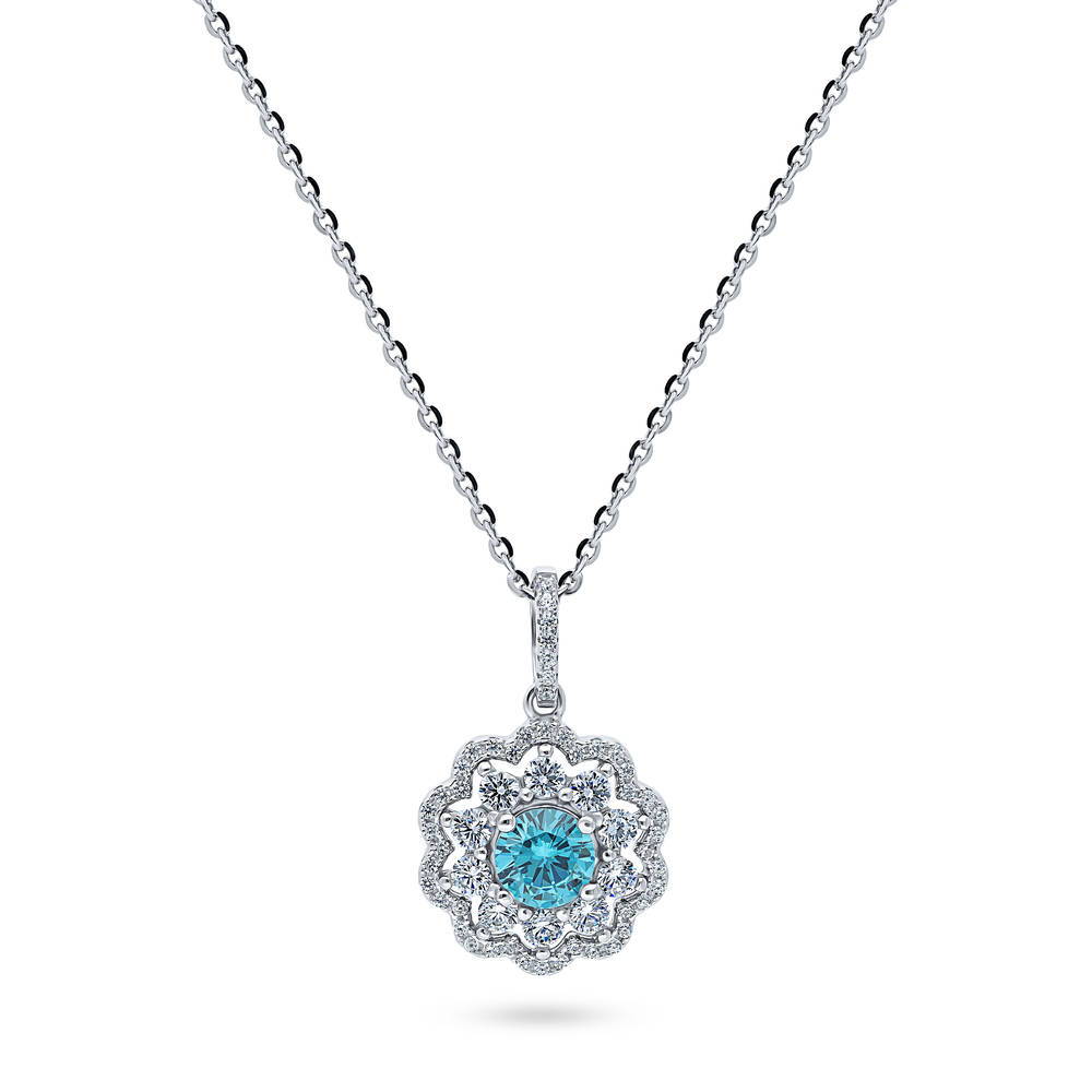 Flower Halo Blue CZ Pendant Necklace in Sterling Silver