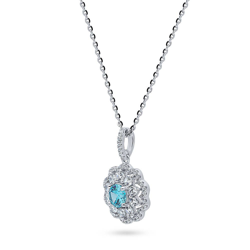 Flower Halo Blue CZ Pendant Necklace in Sterling Silver