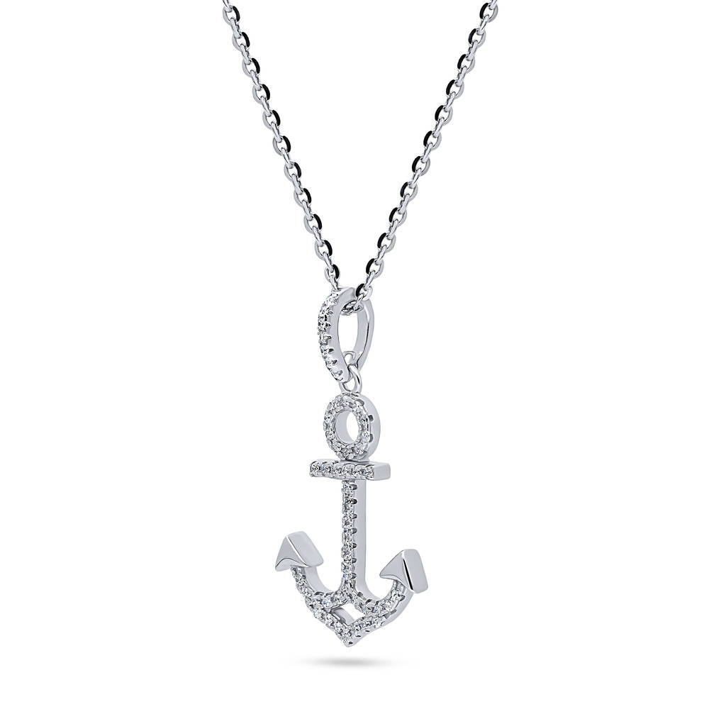 Front view of Anchor CZ Pendant Necklace in Sterling Silver, 4 of 6