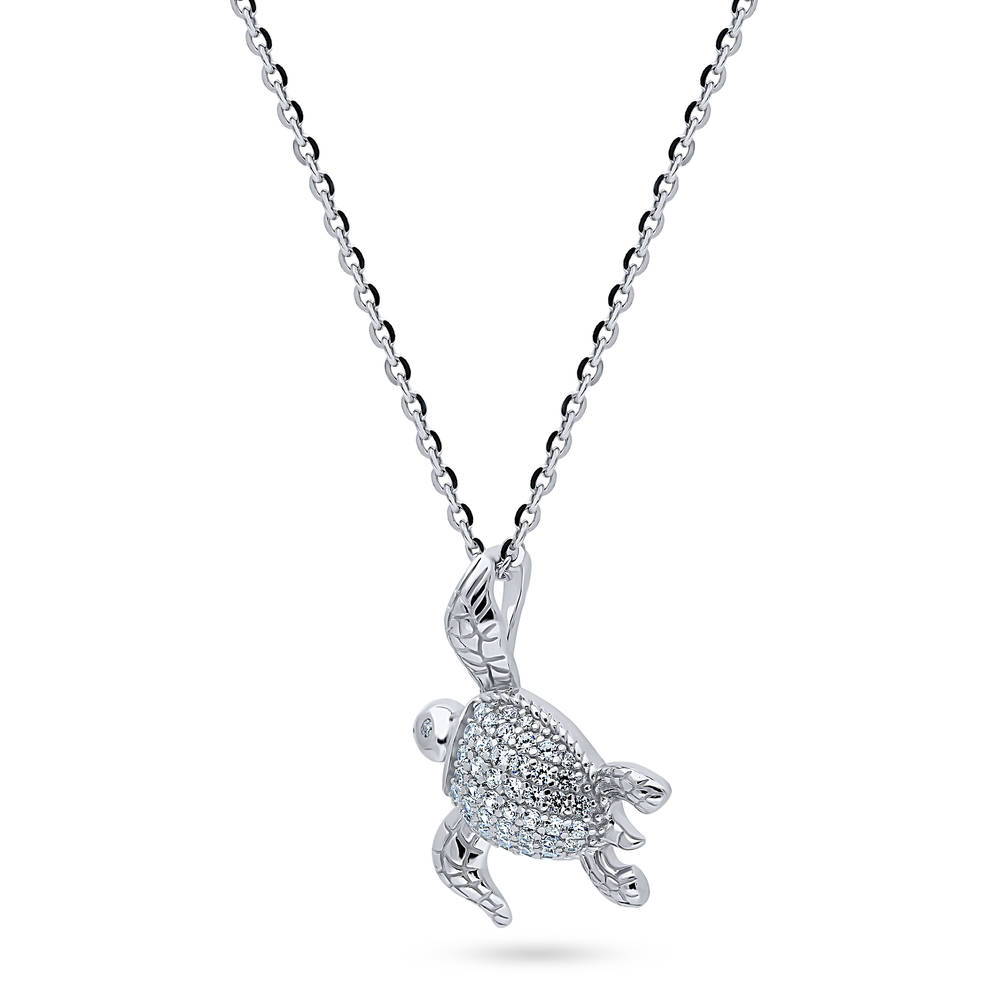Front view of Turtle CZ Pendant Necklace in Sterling Silver, 4 of 7