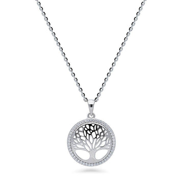 Family Tree CZ Pendant Necklace in Sterling Silver