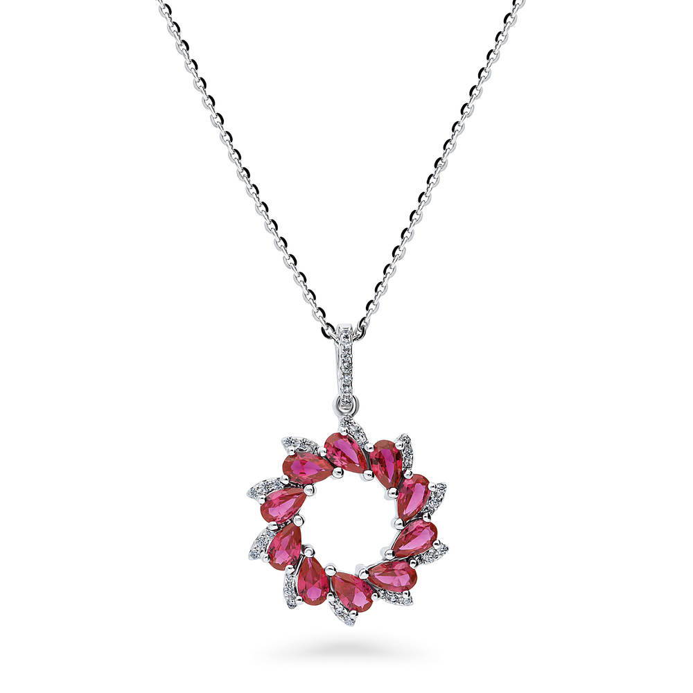 Flower Red CZ Pendant Necklace in Sterling Silver