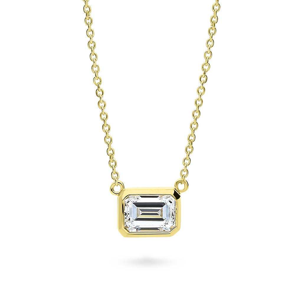 Solitaire 1ct Bezel Set Emerald Cut CZ Necklace in Sterling Silver, 1 of 9