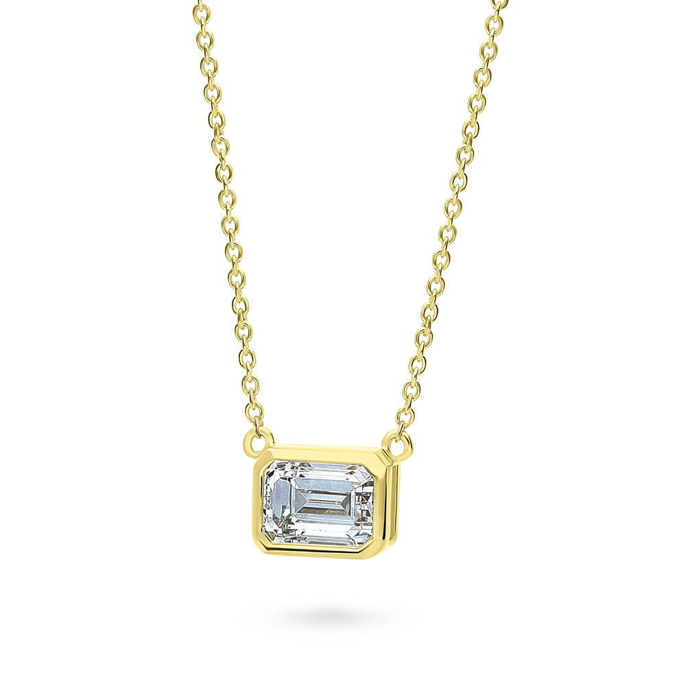 Front view of Solitaire 1ct Bezel Set Emerald Cut CZ Necklace in Sterling Silver, 4 of 9