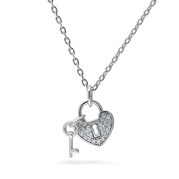 Sterling Silver Key and Lock Heart CZ Anniversary Pendant Necklace