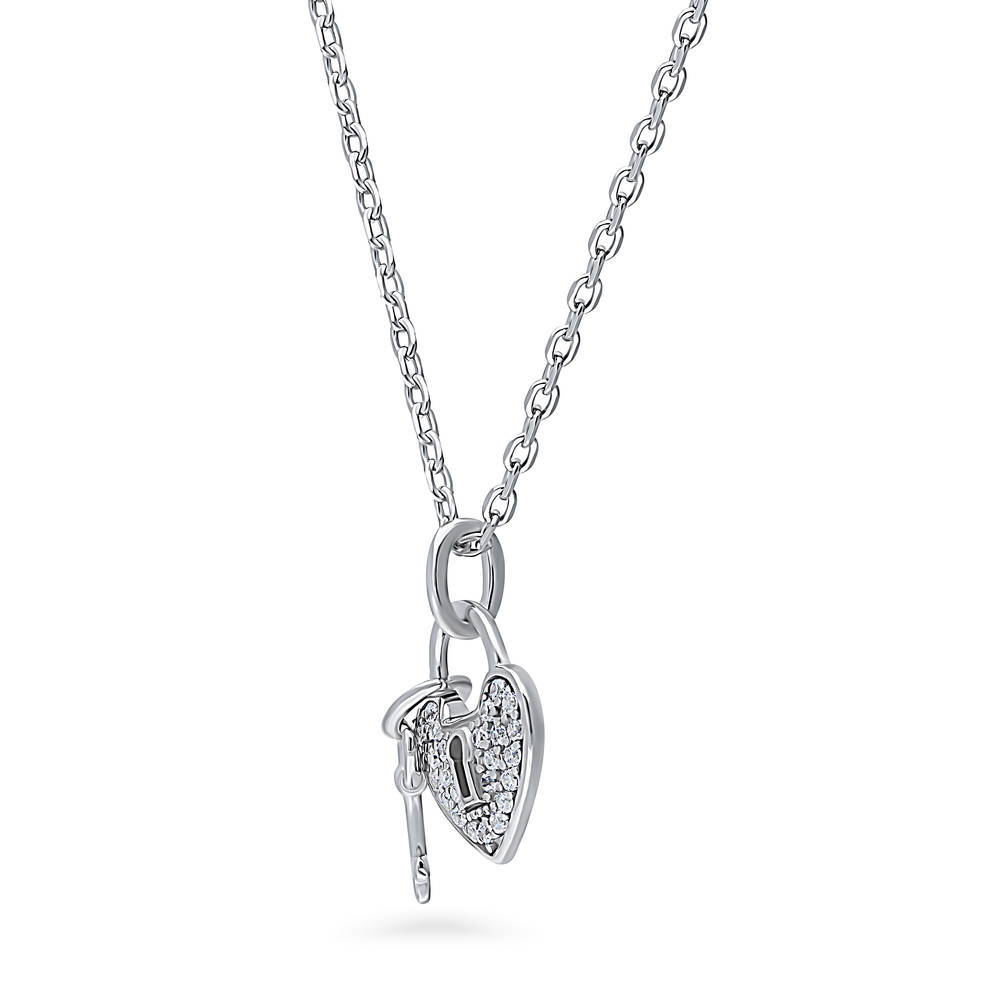 Front view of Key and Lock Heart CZ Necklace in Sterling Silver, 4 of 6