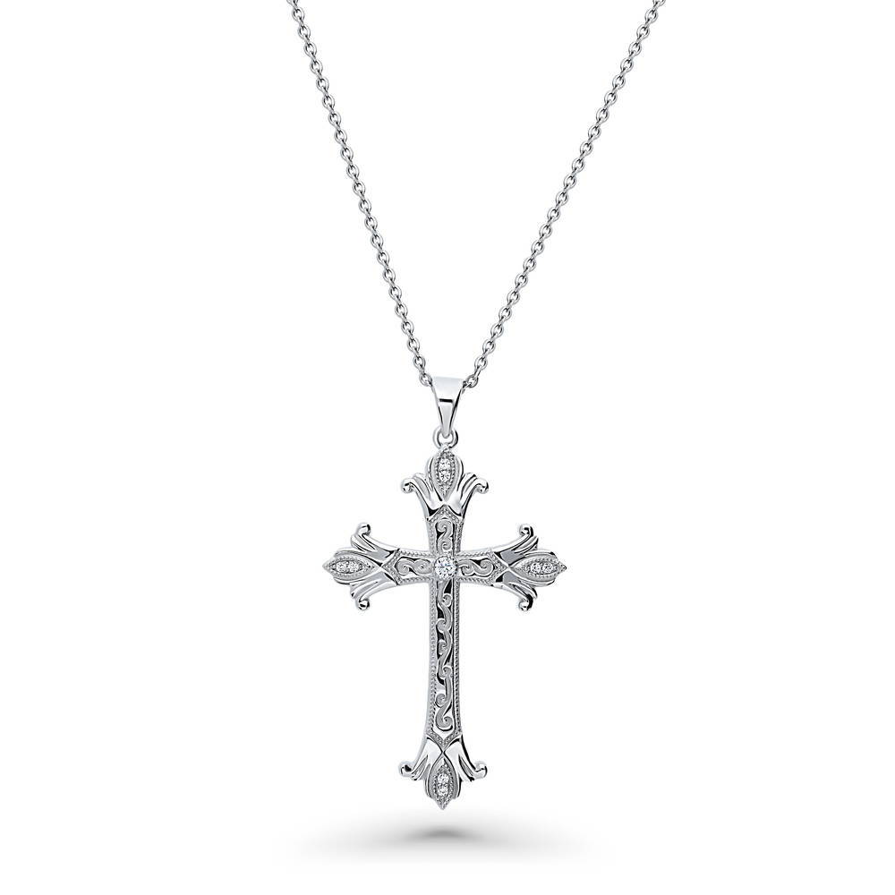 Cross Milgrain CZ Pendant Necklace in Sterling Silver, 1 of 5