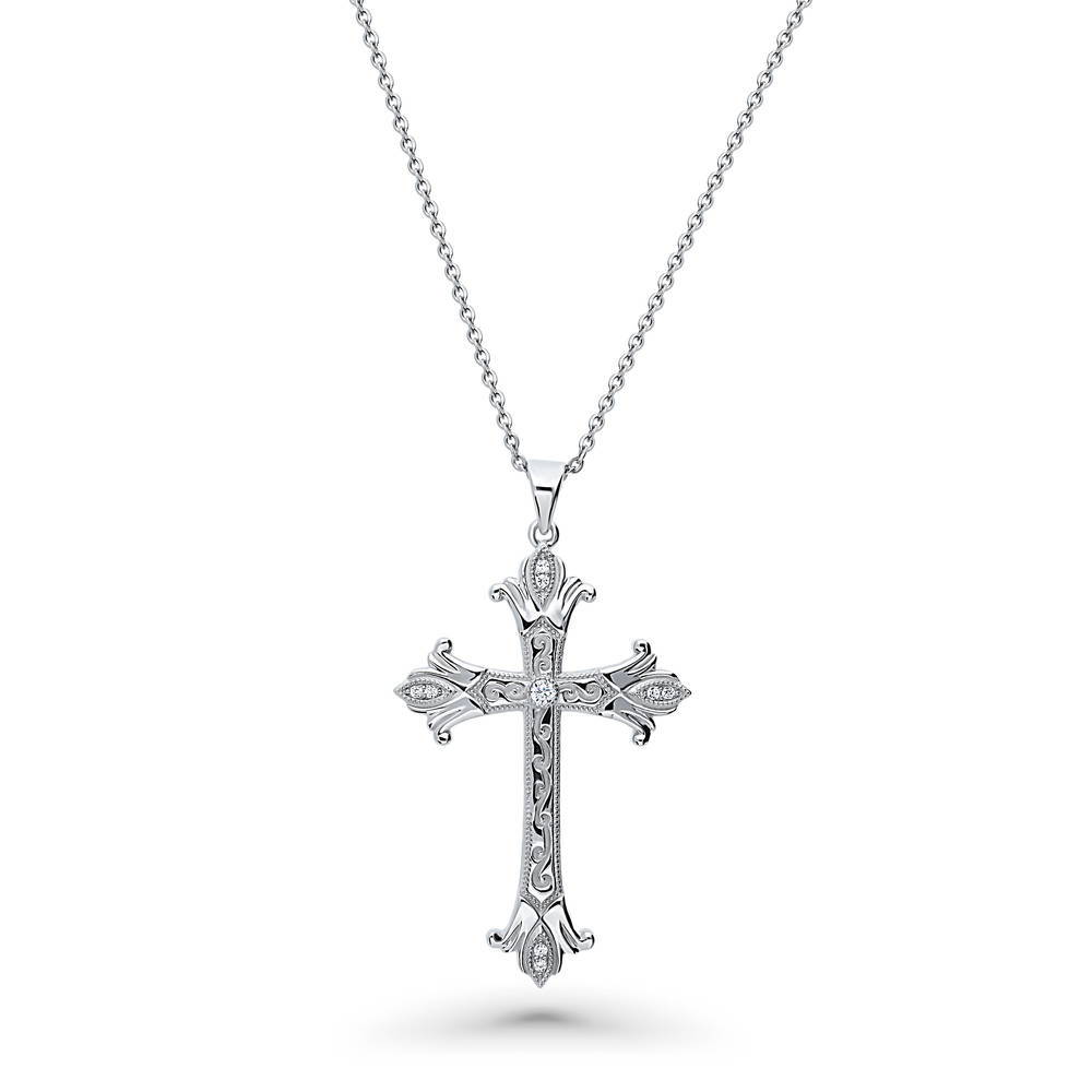 Cross Milgrain Filigree CZ Necklace in Sterling Silver, 1 of 5