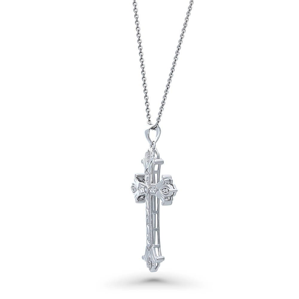Front view of Cross Milgrain CZ Pendant Necklace in Sterling Silver, 3 of 5
