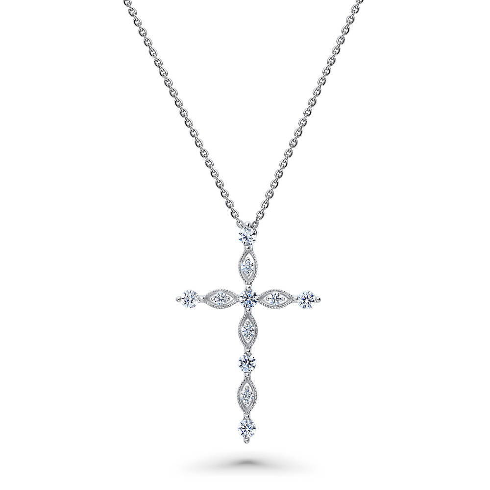 Cross Milgrain CZ Pendant Necklace in Sterling Silver