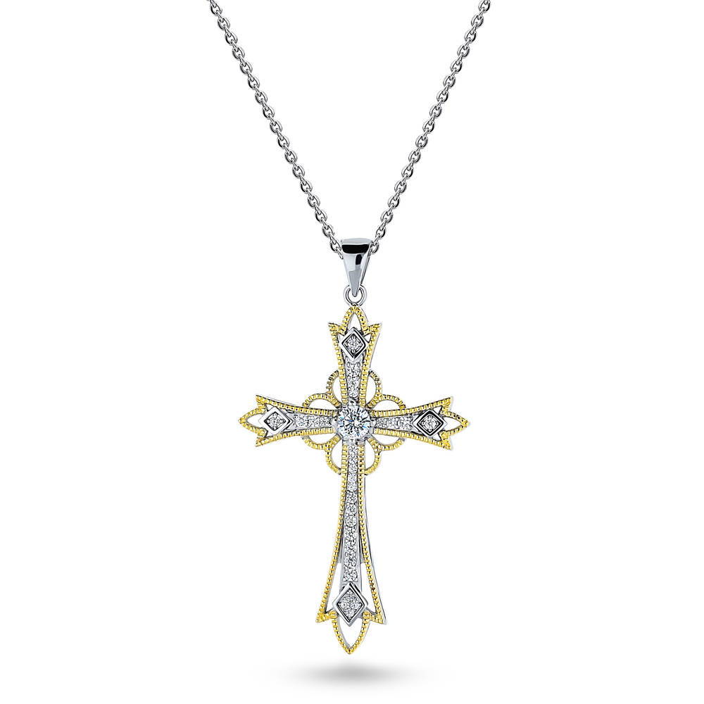 Cross Milgrain CZ Necklace in Gold Flashed Sterling Silver, 1 of 5