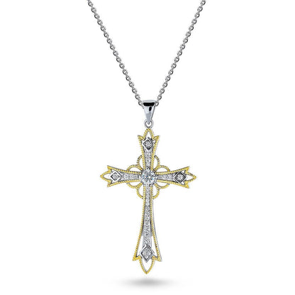 Cross Milgrain CZ Necklace in Gold Flashed Sterling Silver
