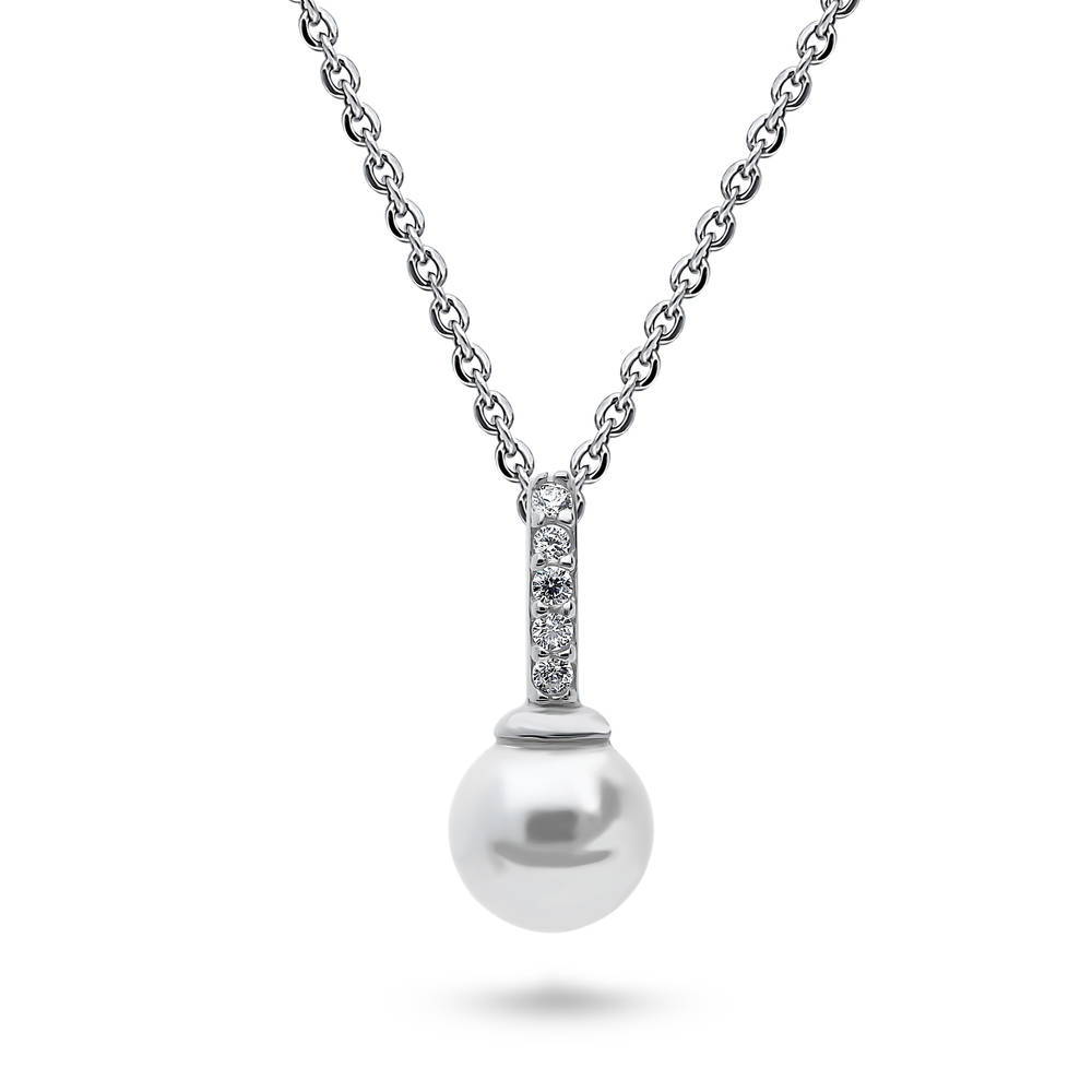 Solitaire White Round Imitation Pearl Necklace in Sterling Silver, 1 of 6