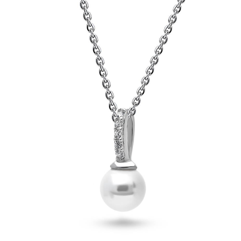 Front view of Solitaire White Round Imitation Pearl Necklace in Sterling Silver, 4 of 6