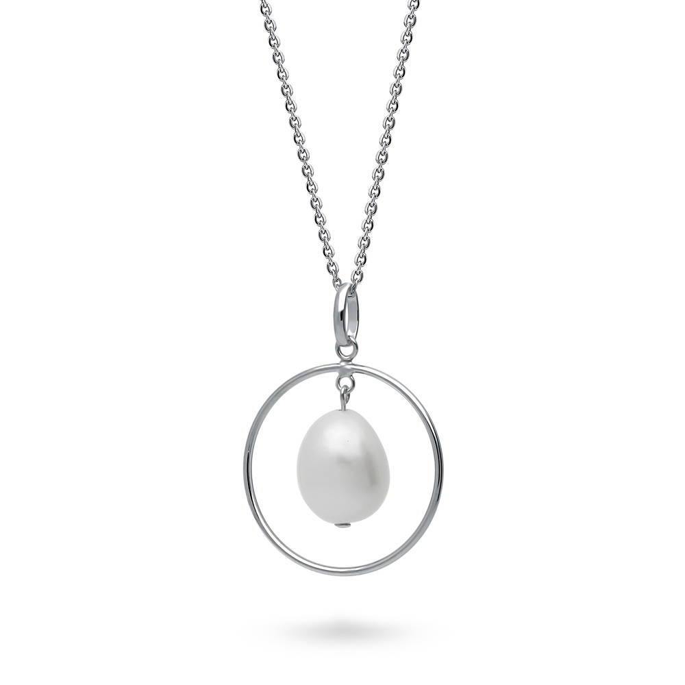 Front view of Open Circle White Baroque Cultured Pearl Necklace in Sterling Silver, 4 of 6