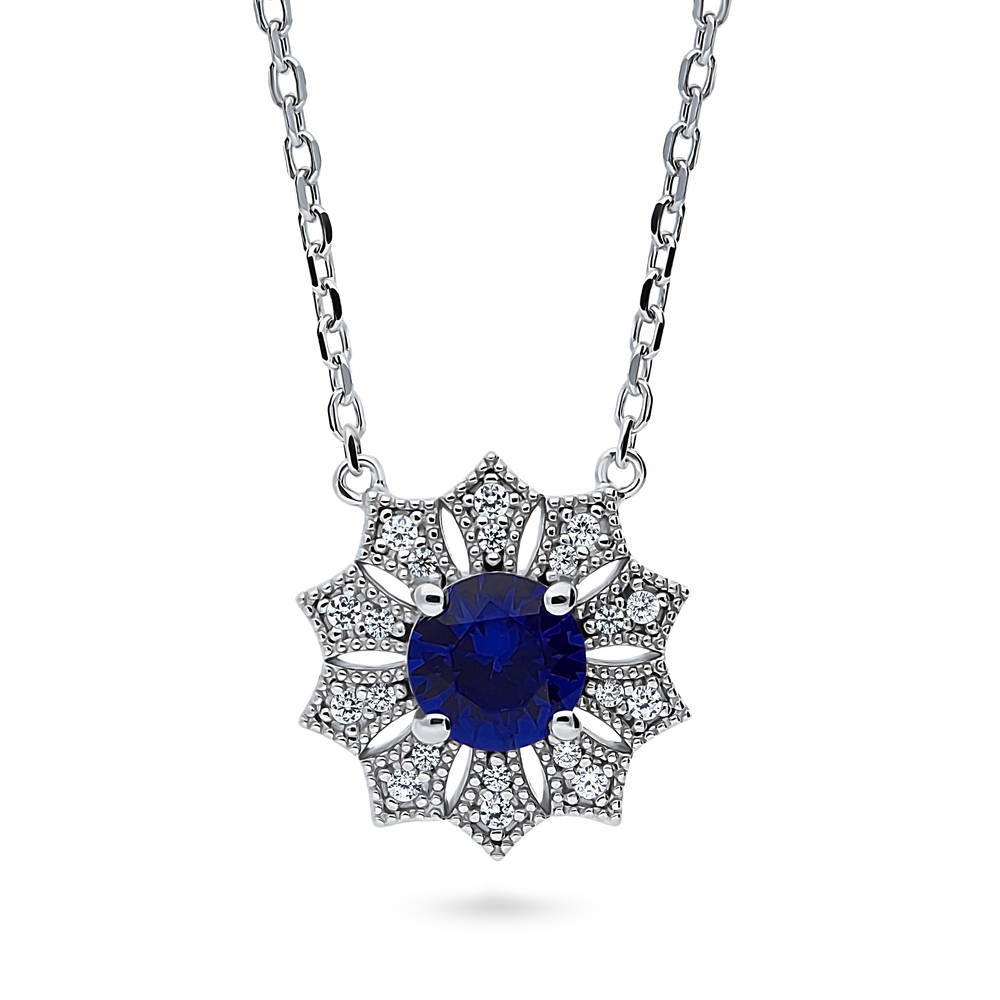 Halo Flower Milgrain Blue CZ Necklace in Sterling Silver, 1 of 6