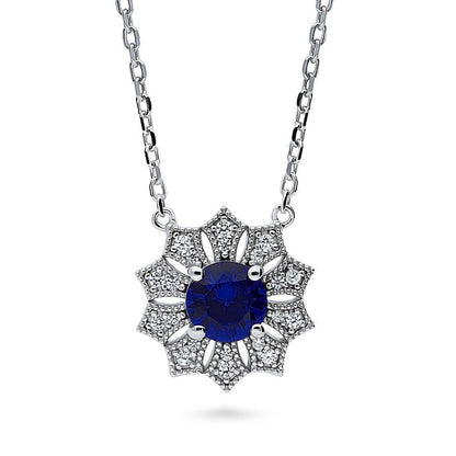 Halo Flower Milgrain Blue CZ Necklace in Sterling Silver