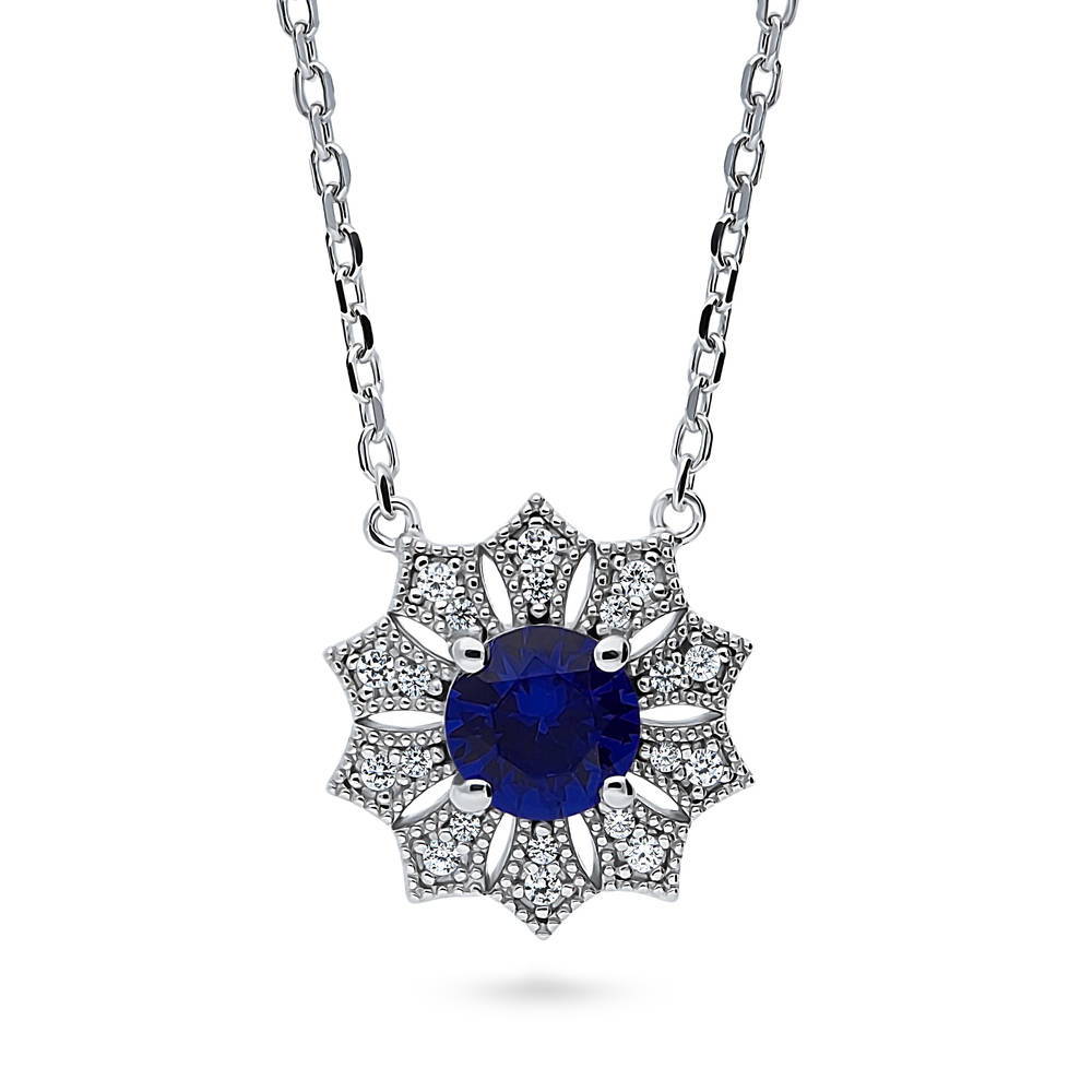 Flower Halo Blue CZ Necklace and Earrings Set in Sterling Silver