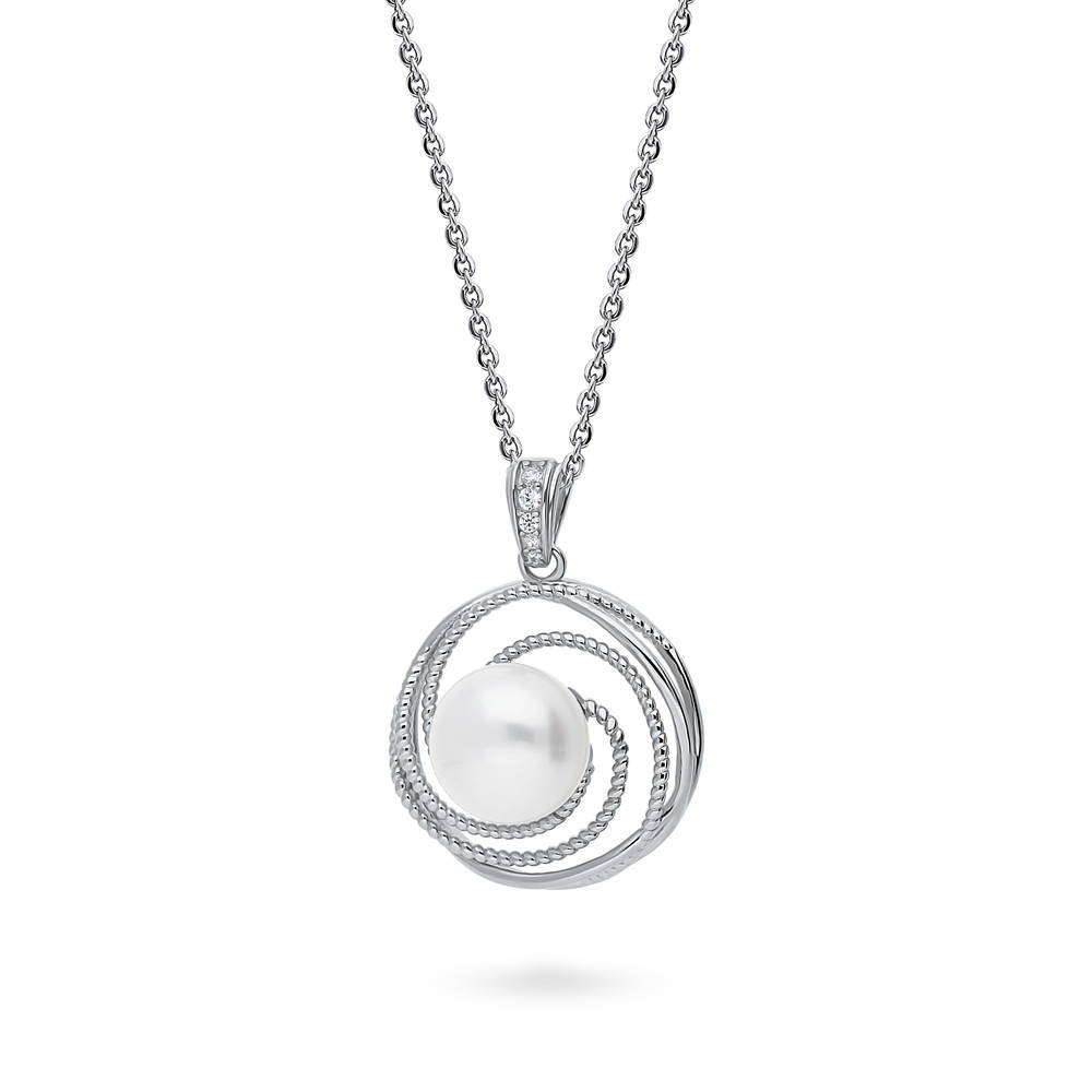 Front view of Woven Solitaire White Button Cultured Pearl Necklace in Sterling Silver, 3 of 5