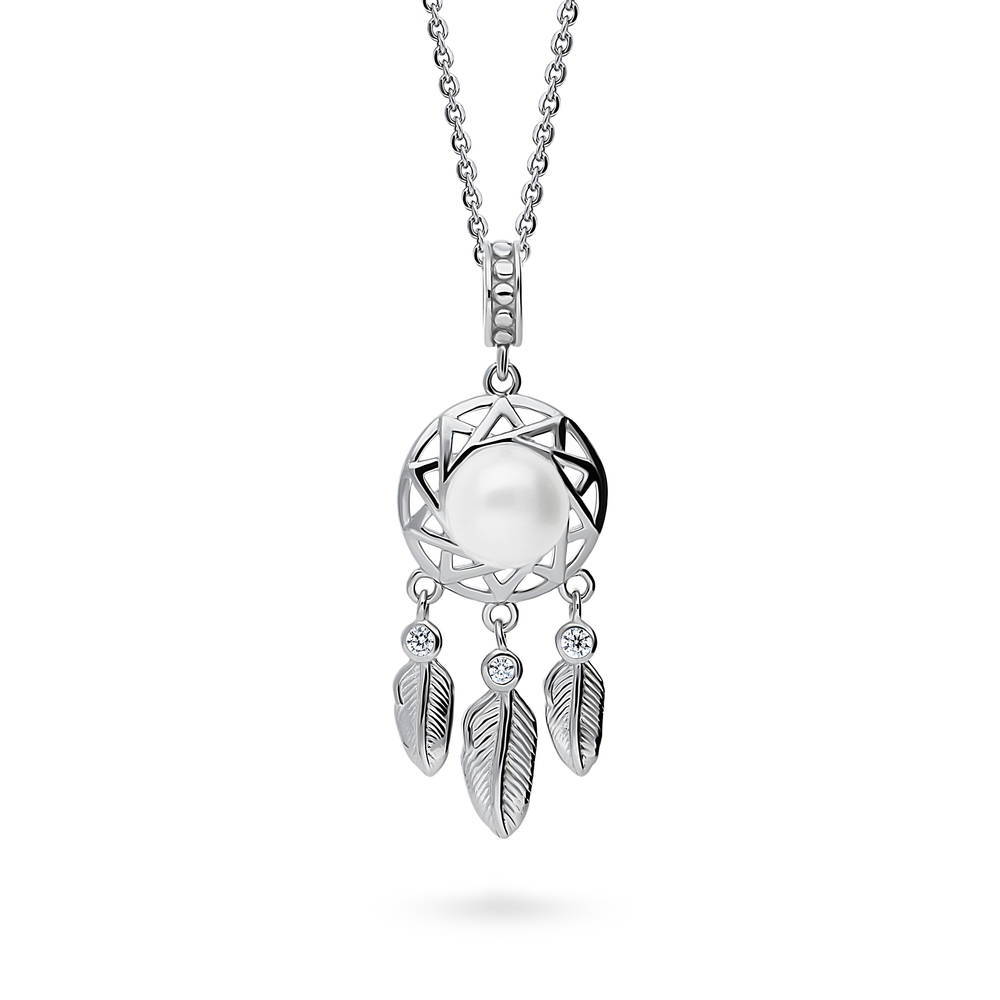 Feather White Button Cultured Pearl Necklace in Sterling Silver
