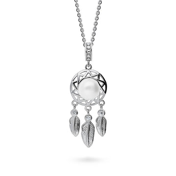 Feather White Button Cultured Pearl Necklace in Sterling Silver