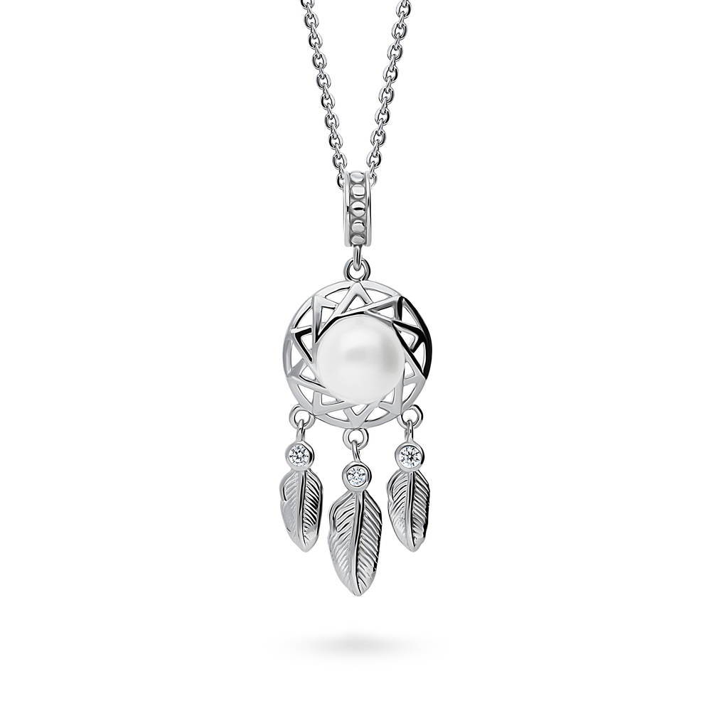 Feather Button Cultured Pearl Necklace in Sterling Silver