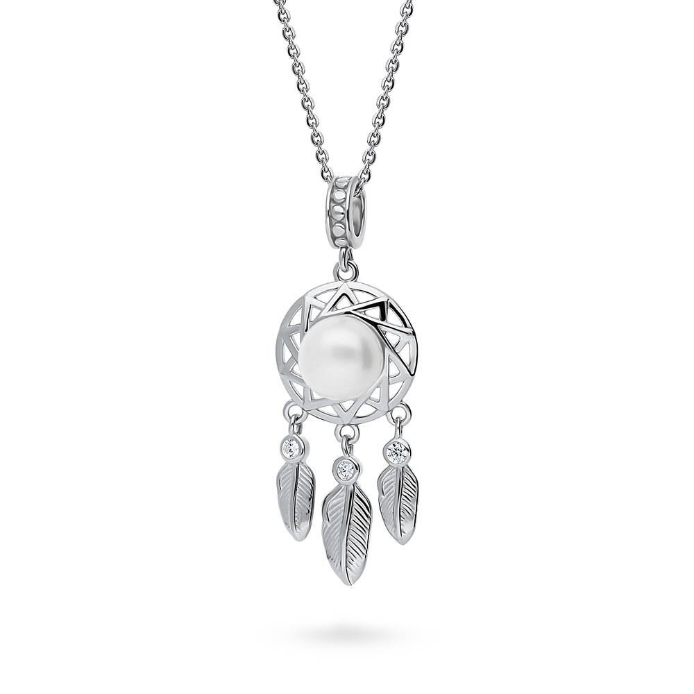 Front view of Feather Button Cultured Pearl Necklace in Sterling Silver, 3 of 5