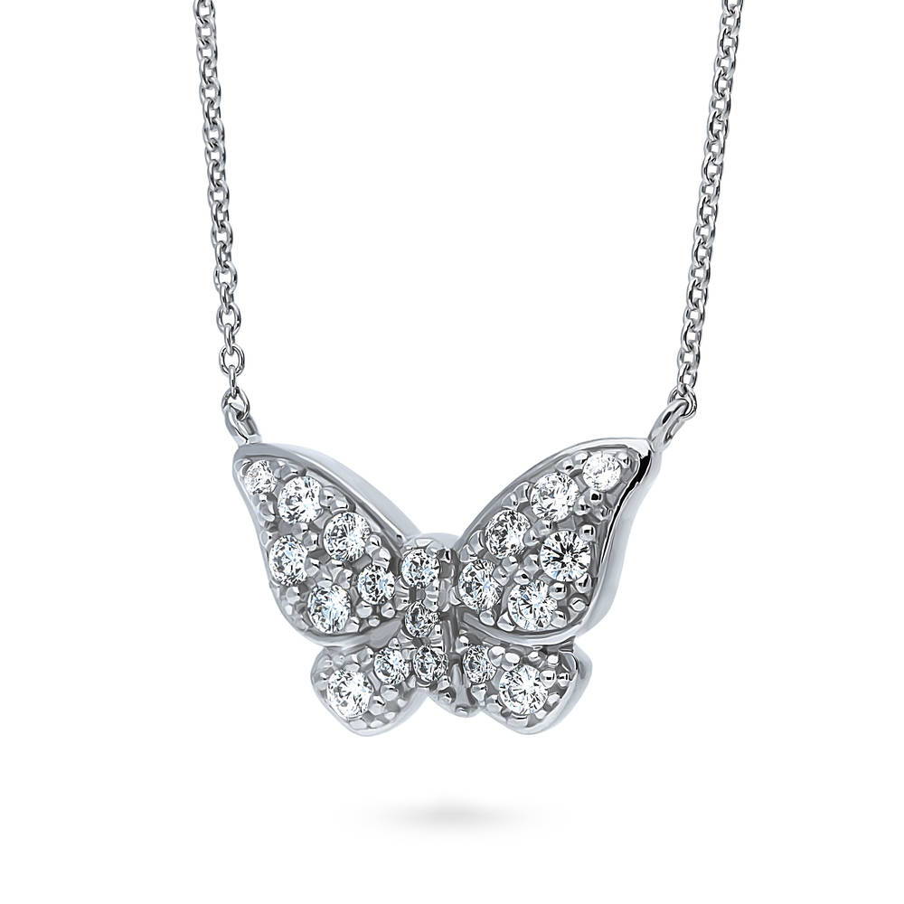 Front view of Butterfly CZ Pendant Necklace in Sterling Silver, 4 of 7