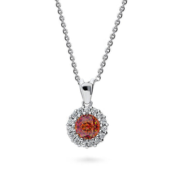 Halo Kaleidoscope Red Orange Round CZ Necklace in Sterling Silver