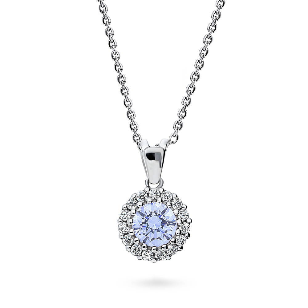 Halo Greyish Blue Round CZ Pendant Necklace in Sterling Silver, 1 of 7