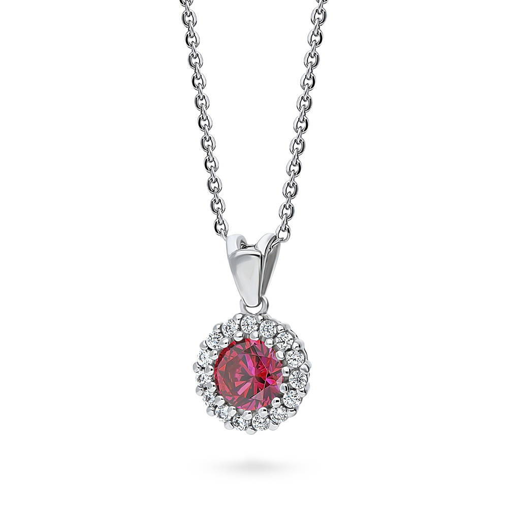 Front view of Halo Red Round CZ Necklace and Earrings Set in Sterling Silver