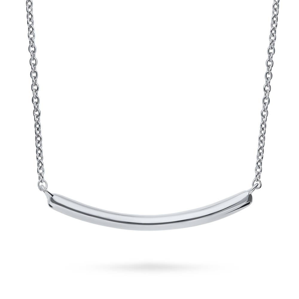 Front view of Bar Solitaire Bezel Set CZ Pendant Necklace in Sterling Silver, 2 Piece, 8 of 13