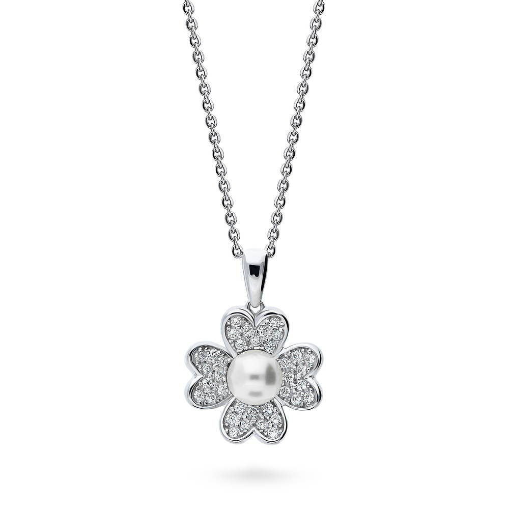 Clover Imitation Pearl Pendant Necklace in Sterling Silver, 1 of 6