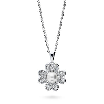 Clover Imitation Pearl Pendant Necklace in Sterling Silver