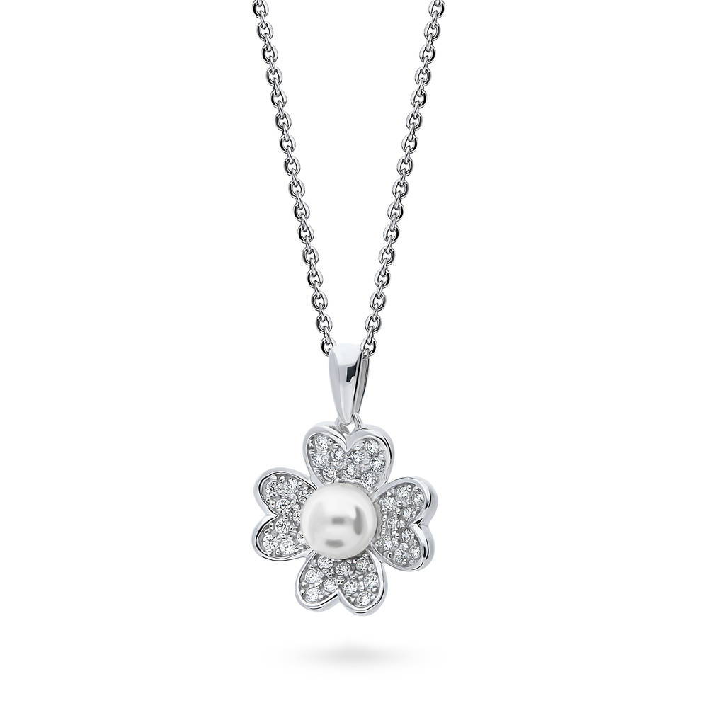 Clover Imitation Pearl Pendant Necklace in Sterling Silver