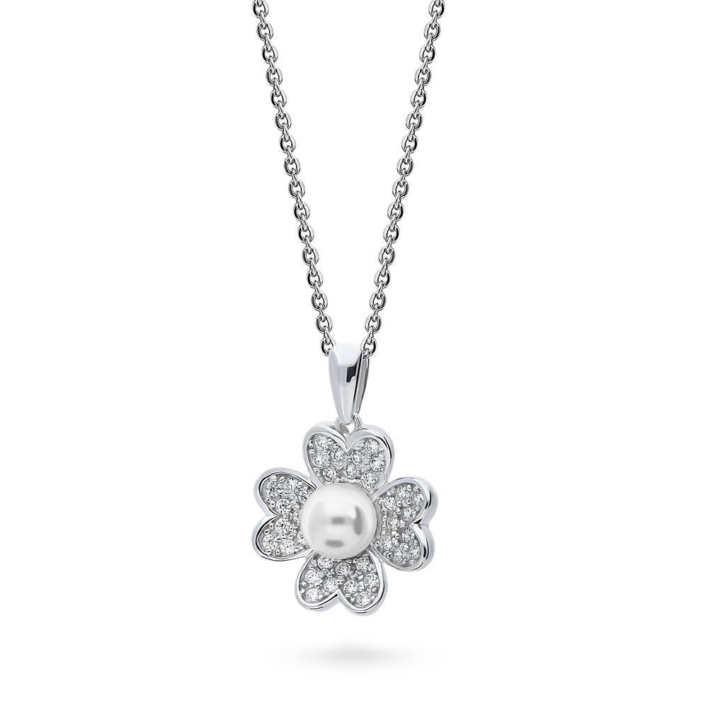 Front view of Clover Imitation Pearl Pendant Necklace in Sterling Silver, 4 of 6