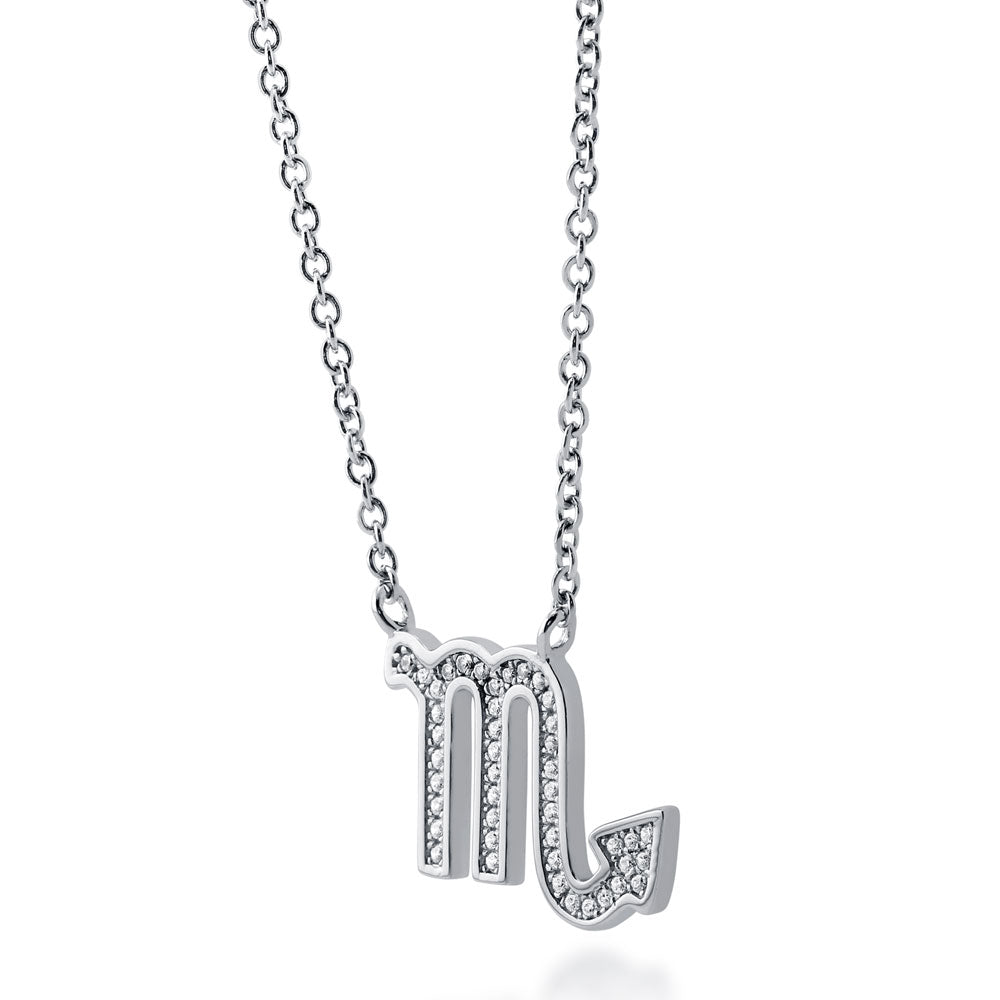 Front view of Zodiac Scorpio CZ Pendant Necklace in Sterling Silver, 4 of 8