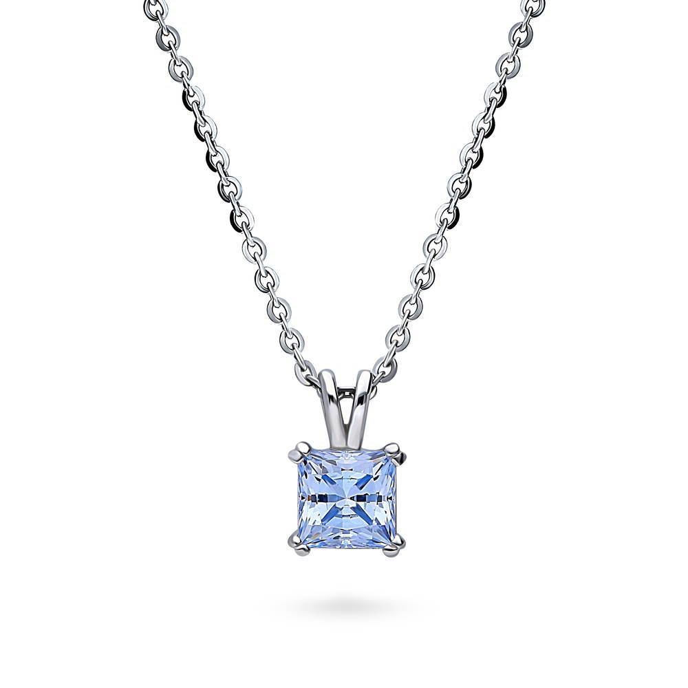 Solitaire Greyish Blue Princess CZ Necklace in Sterling Silver 1.2ct