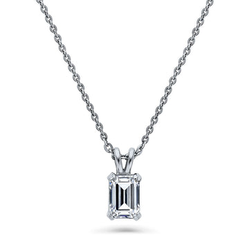 Solitaire 1ct Emerald Cut CZ Pendant Necklace in Sterling Silver