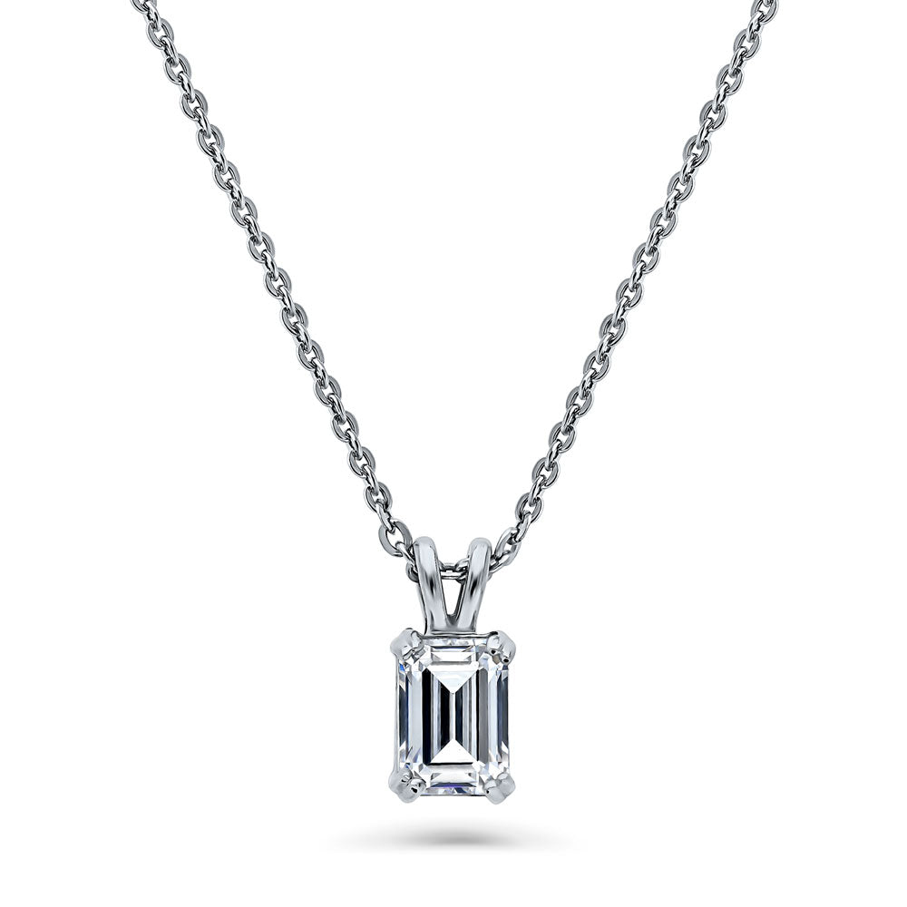 Solitaire 1ct Emerald Cut CZ Pendant Necklace in Sterling Silver, 1 of 7