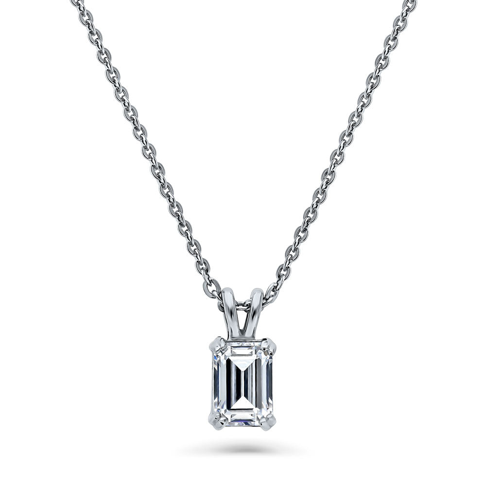 Solitaire 1ct Emerald Cut CZ Necklace in Sterling Silver, 1 of 7