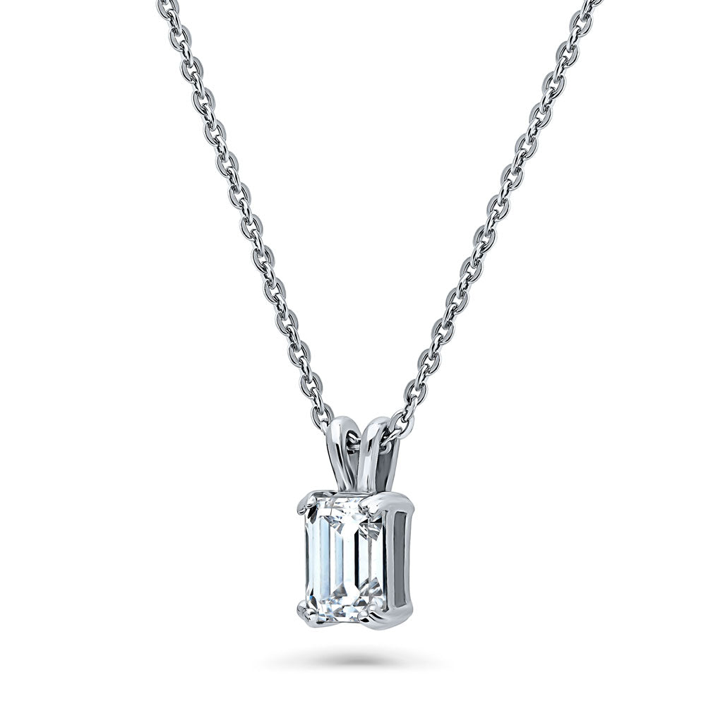 Front view of Solitaire 1ct Emerald Cut CZ Necklace in Sterling Silver, 4 of 7