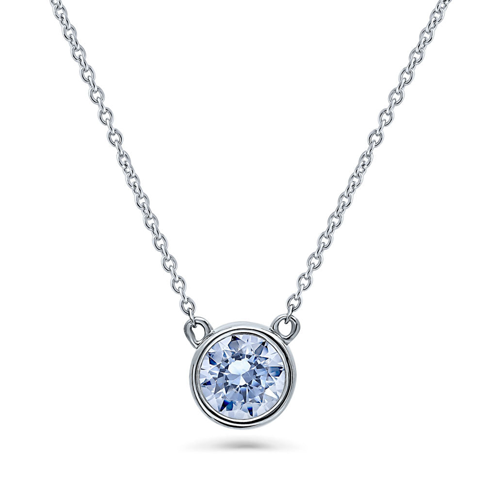 Solitaire Blue Bezel Set Round CZ Necklace in Sterling Silver 0.8ct