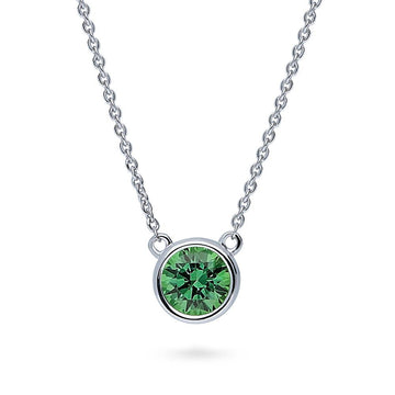 Solitaire Green Bezel Set Round CZ Necklace in Sterling Silver 0.8ct