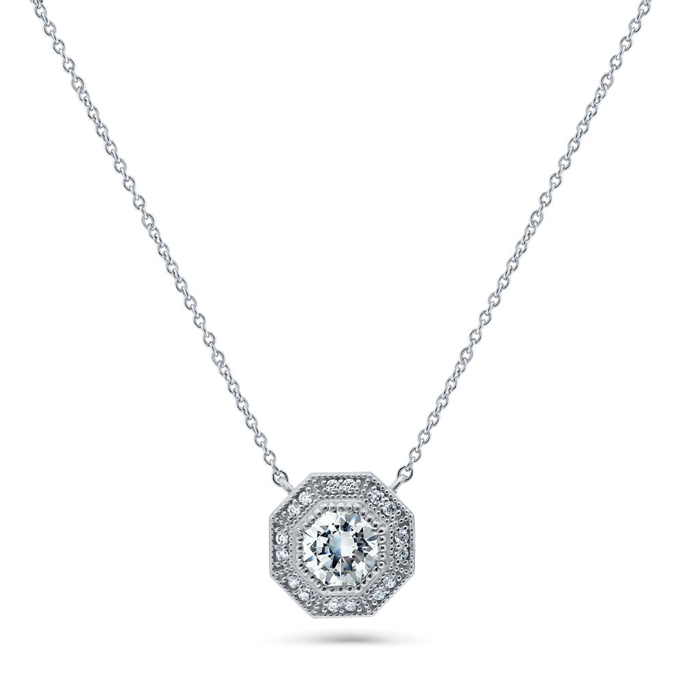 Halo Milgrain Octagon Sun CZ Pendant Necklace in Sterling Silver