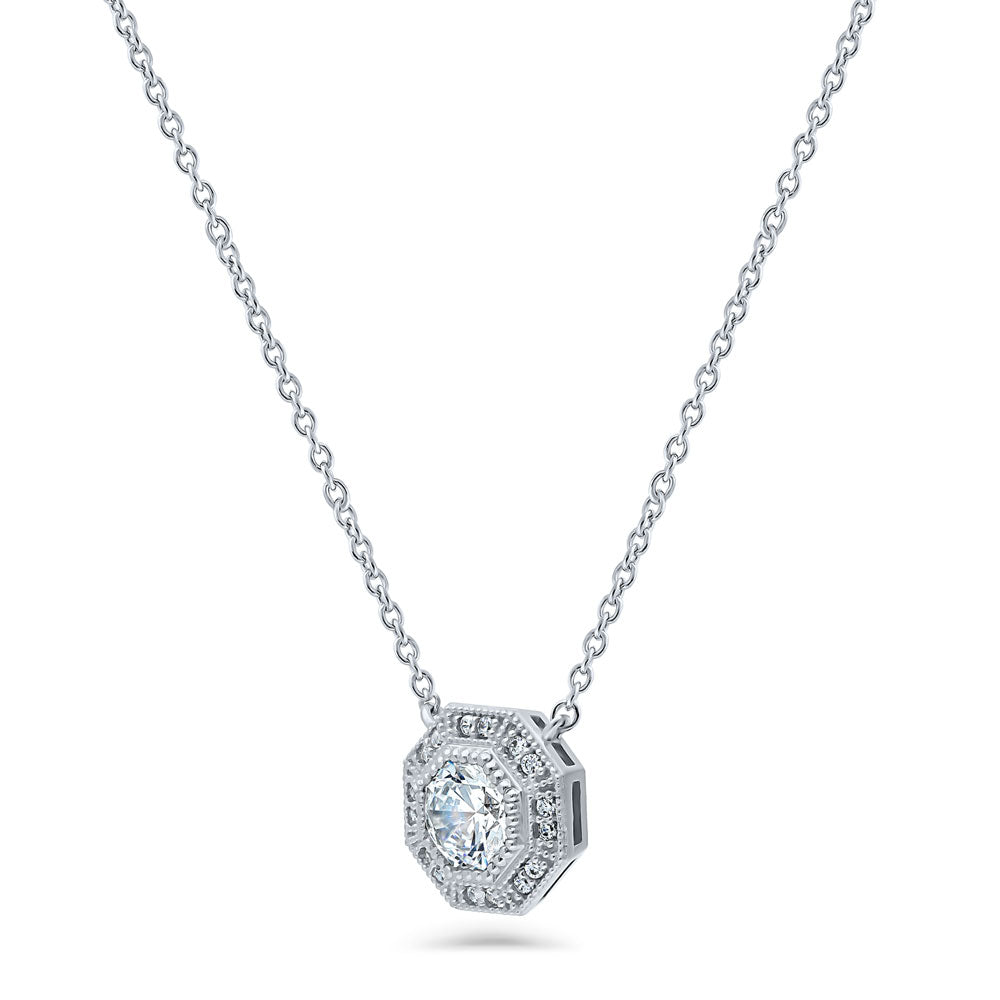 Halo Milgrain Octagon Sun CZ Pendant Necklace in Sterling Silver