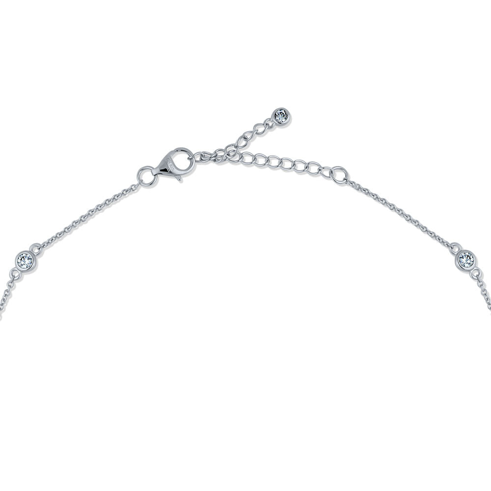 Front view of Station CZ Station Necklace in Sterling Silver, Rhodium Plated / 16 inch + 2 inch extension